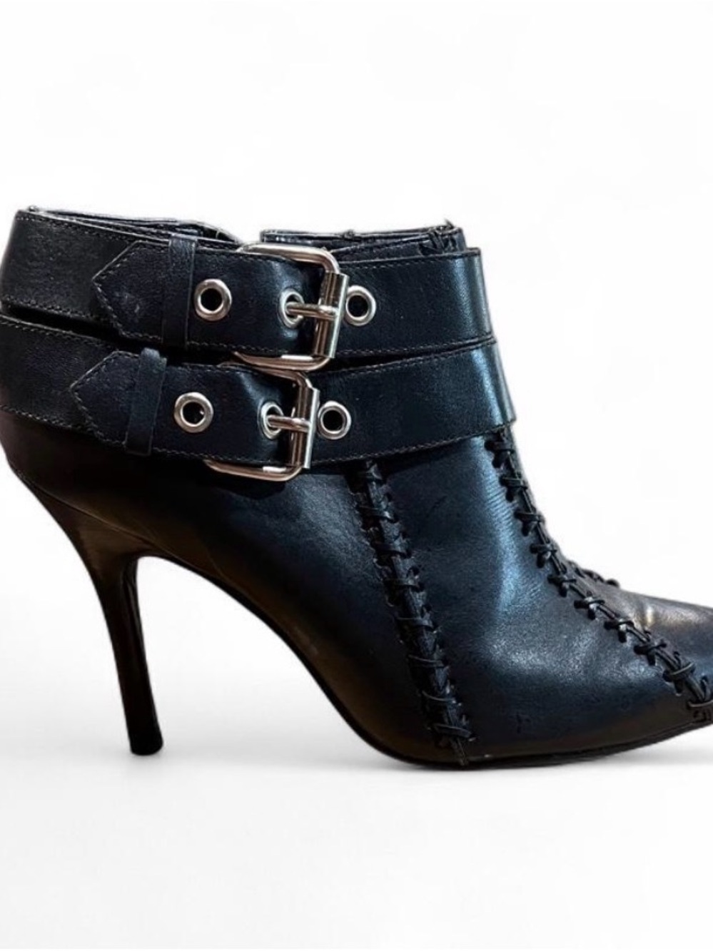 Women's Black Leather Ankle Booties with Buckle Straps